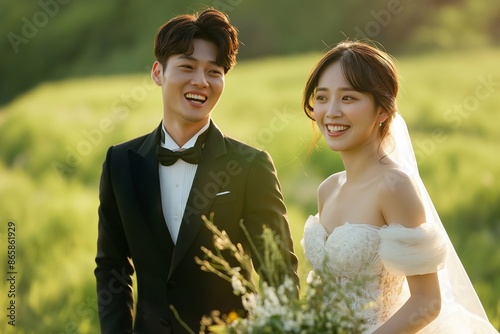 A handsome young korean man in a black tuxedo and white shirt is carrying his beautiful k-pop idol style wife,wearing an white Off-The-Shoulder Bubble Dress, smiling happily on a green grassland.