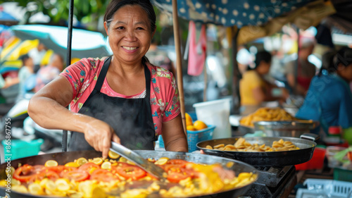 A mature female Filipino street vendor smiling while cooking fresh food at a bustling market stall.