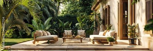 view from behind, elegant and bohemian wooden garden furniture 