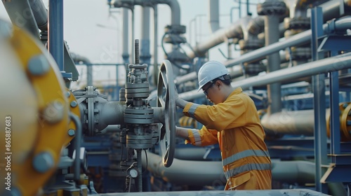 Male worker inspection at valve of visual check record pipeline oil and gas industry.