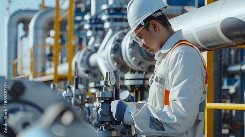 Male worker inspection at valve of visual check record pipeline oil and gas industry.