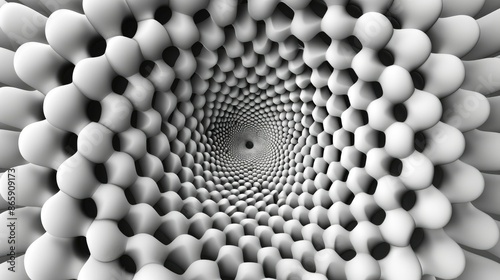 Abstract 3D tunnel structure with repetitive pattern of spherical shapes creating a mesmerizing optical illusion in monochrome.