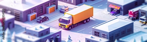 Isometric winter cityscape featuring a yellow truck driving through snow-covered industrial buildings and streets.