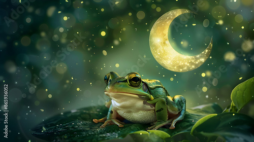 a group of frogs, including a green and black frog, a black frog, and a green frog, sit on a leaf under the moon