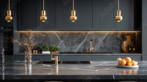 A contemporary, chic kitchen featuring stylish black and white cabinets, golden fixtures, and marble tiles