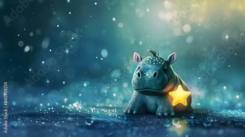 a blue hippopotamus with pointy ears and a black eye sits on the ground next to a yellow star, while a gray leg is visible in the foreground