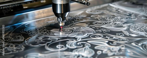 A laser engraving machine creating intricate designs on a metal surface. The image highlights the precision and advanced technology used in modern manufacturing processes.