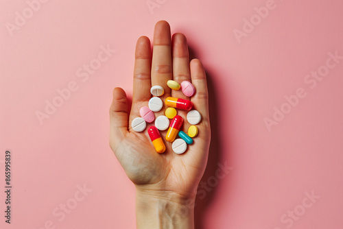 Hand holding many different colorful medical pills and capsules on pink background