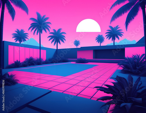 Retro Futuristic Vaporwave - pool at sunset, pool at night, pool at sunset with palms