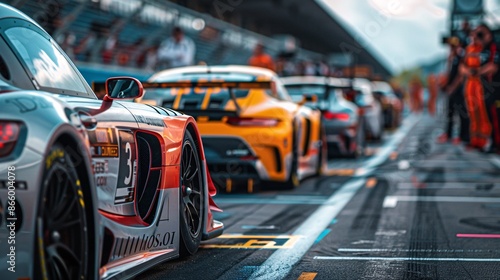 Race cars lined up at starting grid of a motorsport event