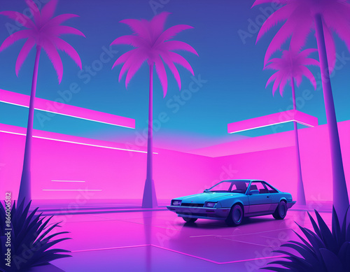 Retro Futuristic Vaporwave - car on the beach, car in the desert, car on the beach with palms