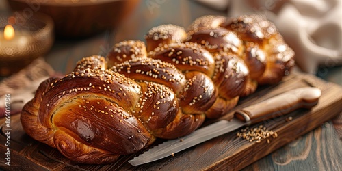 Freshly baked Challah bread loaf with sesame seeds on a rustic wooden cutting board.