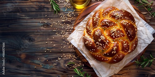 Freshly Baked Round Challah Bread with Sesame Seeds. Top View on Rustic Wooden Table