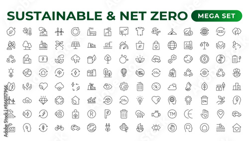 Set of sustainability and Net Zero, environmental, ecological, recyling, green, organic, industry thin line icons. Linear ecology simple symbol collection.