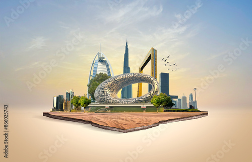 Dubai city on hand 3d concept background. amazing city at sunrise, United Arab Emirates.