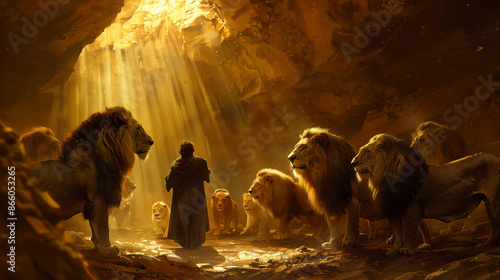 Daniel in the Lions' Den. This powerful illustration depicts the biblical scene of Daniel in the lions' den. 