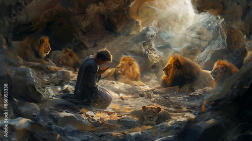 Daniel in the Lions' Den. This powerful illustration depicts the biblical scene of Daniel in the lions' den.