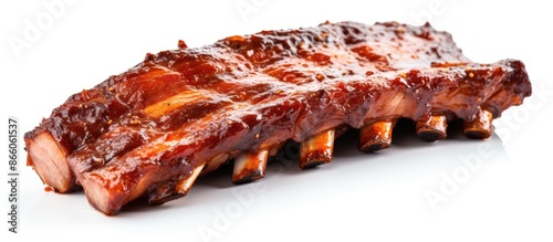 Smoked BBQ pork ribs, sliced and isolated against a white background with copy space image.