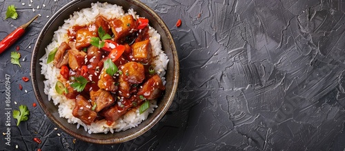 Top view of soy-stewed pork on rice, a famous Taiwanese street food. Travel design concept with a close-up image and copy space.