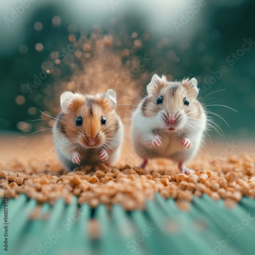 Two cute hamsters playing among scattered food pellets on a colorful surface, with a blurred background adding depth and focus.