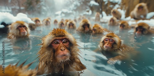 Aerial shot of the Nagano snow monkeys soaking in hot springs