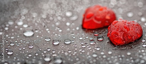 A pair of vivid red dewdrops on a gray backdrop suggests a serene bond with ample space for text in the image, symbolizing brotherly unity and freshness.