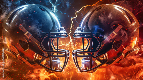 Two football helmets face off, engulfed in flames and surrounded by lightning bolts