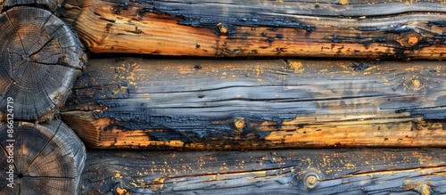 A rustic log cabin serves as the backdrop for the copy space image, showcasing charred wooden panels with a weathered texture, reflecting an eco-friendly architectural idea in a close-up,