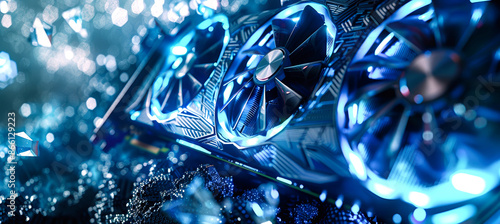 Close-up of a video cards cooling fan, showcasing its intricate design and blue glow