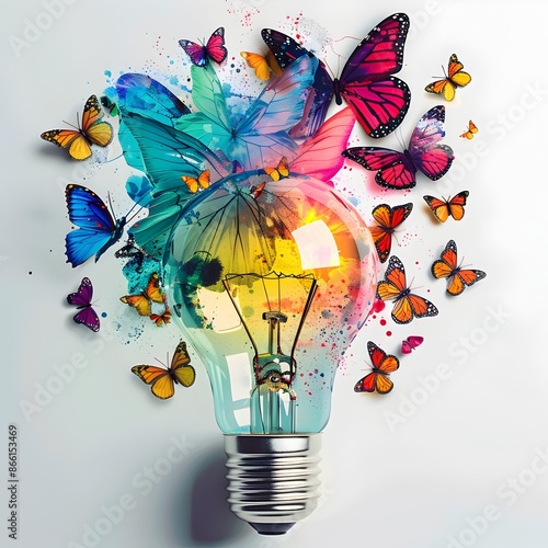 Vibrant Butterflies Swarming Around Illuminated Lightbulb Representing Creative Idea Concept