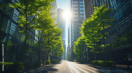 Sunlight illuminates city streets with tall buildings and green trees, enhanced by Polarizing Filters and beauty light, capturing Lightspeed. AI generative