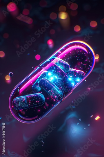 A futuristic pill with nano bots on a clean background in glowing digital style 