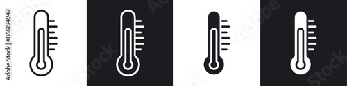 Temperature icon set. high and low temperature thermometer vector symbol. summer warm climate sign in black filled and outlined style.