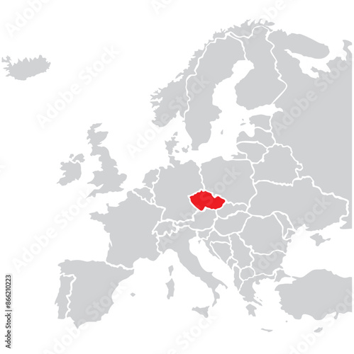 Map of Czech highligted with red in Europe map