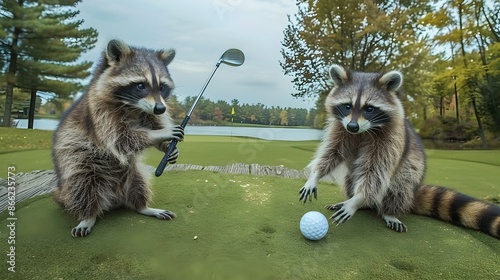 Mischievous Raccoons Strategizing Golf Shots on Serene Lakeside Course