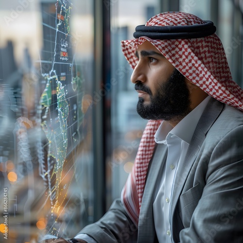 Arab Businessman Looking at a World Map