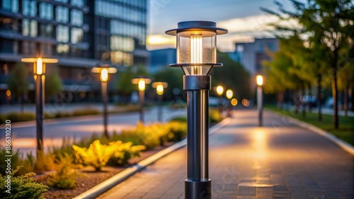 Sleek modern street lamp with minimalist design powered by energy-efficient LED technology, standing alone on a quiet urban street at dusk with a blurred background.
