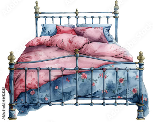 A comfortable bed with a blue and pink floral bedspread and matching pillows.