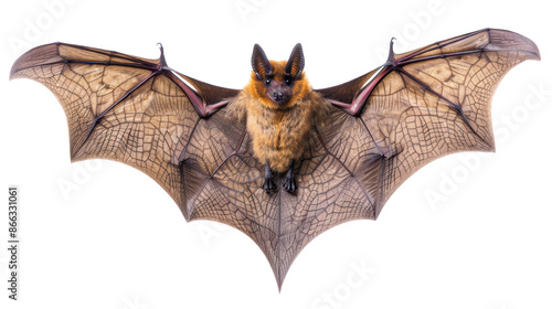 Close-up of a bat with wings spread wide, showcasing intricate wing structure and fur detail, isolated on a white background.