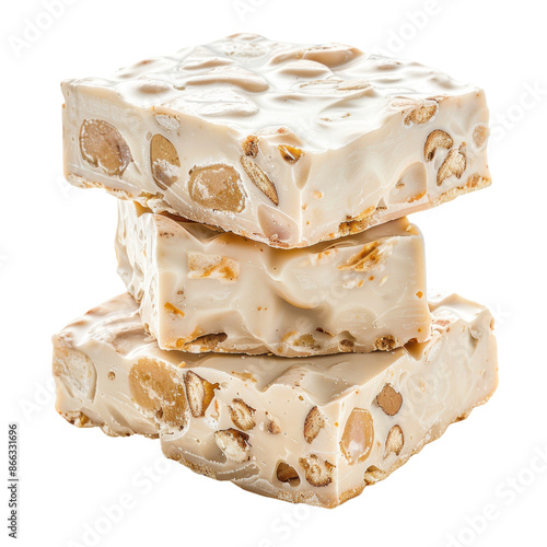 Close-up of stack of white nougat with nuts, showing detailed texture and edible ingredients.