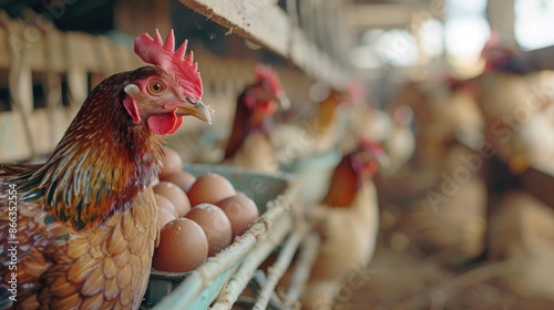 Hen lays eggs at a chicken coop in a group of chickens at a bio farm. Chicken eggs in hen house. Hens in hen house