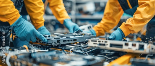 Workers dismantling old electronics for battery recovery, recycling process, waste reduction