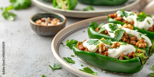 Mexican dish chiles en nogada stuffed with picadillo topped with walnut cream. Concept Mexican Cuisine, Stuffed Peppers, Walnut Cream, Chiles en Nogada, Traditional Dish
