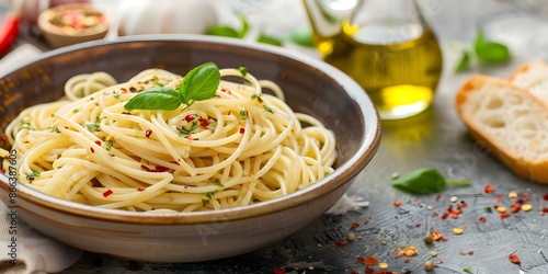 Spaghetti aglio e olio A Delicious Dish with Garlic, Olive Oil, Red Pepper Flakes, and Bread. Concept Italian Cuisine, Pasta Recipes, Garlic Lovers, Quick Meals, Spicy Dishes