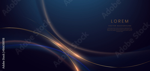 Luxury dark blue background with gold line curved and lighting effect sparkle.