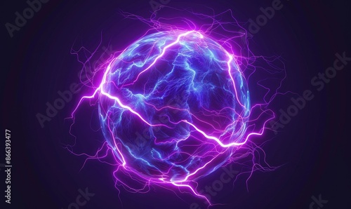 Vibrant electric ball with purple and blue energy streaks, glowing against a dark background, creating a dynamic and futuristic visual effect.