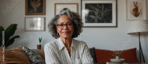 A mature biracial woman enjoys a peaceful moment at home, with copy space