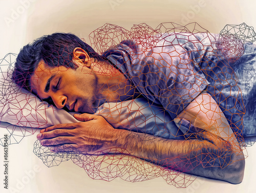 A man is sleeping on his side with a complex network of colorful geometric lines overlaying his body, symbolizing the connection between sleep apnea and its effects on the body