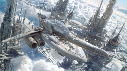 Spaceship, continuation of the city in the sky. Space port. sci fi concept