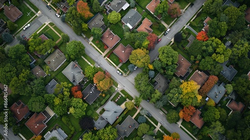 Aerial View of Suburban Neighborhood with Fall Foliage and Winding Streets